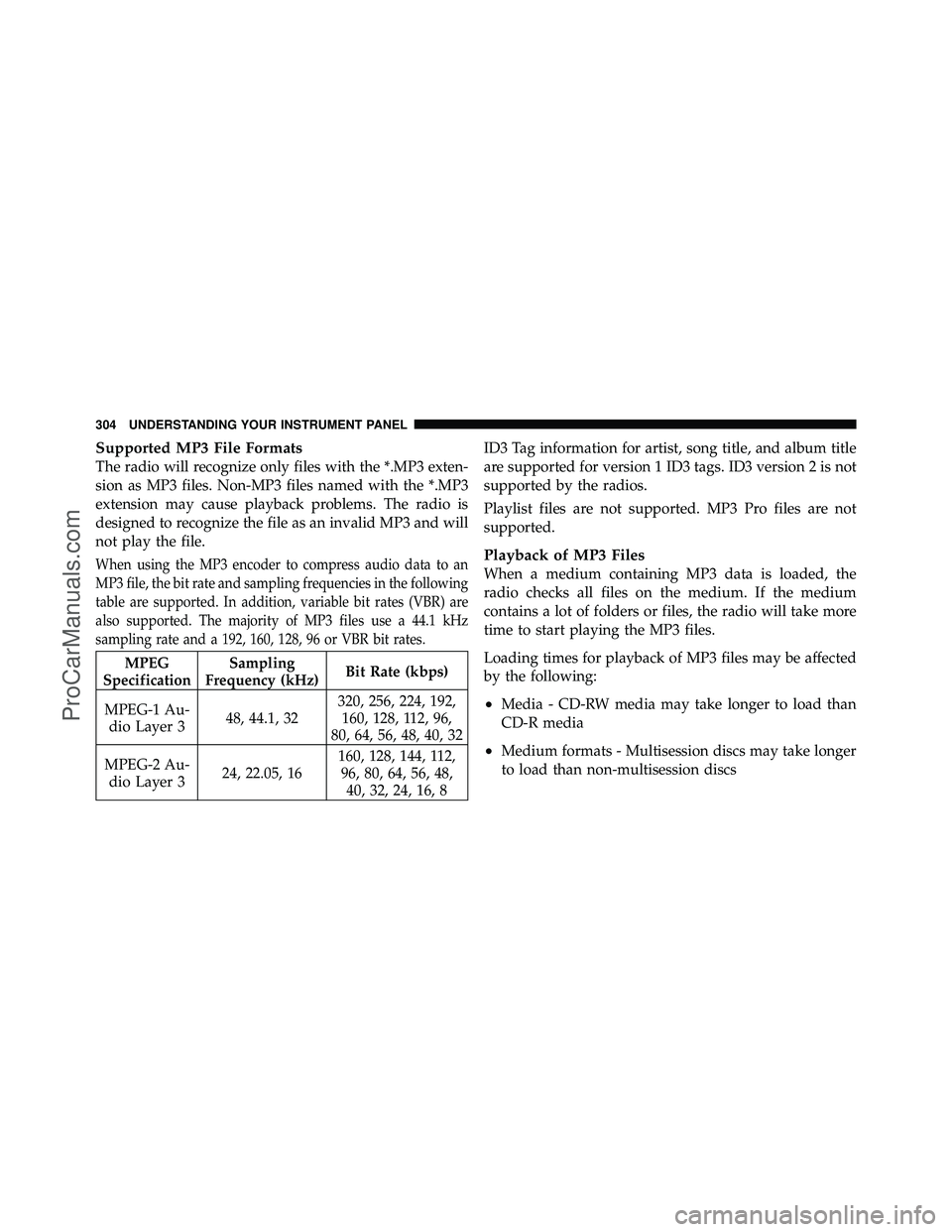 DODGE CARAVAN 2011  Owners Manual Supported MP3 File Formats
The radio will recognize only files with the *.MP3 exten-
sion as MP3 files. Non-MP3 files named with the *.MP3
extension may cause playback problems. The radio is
designed 