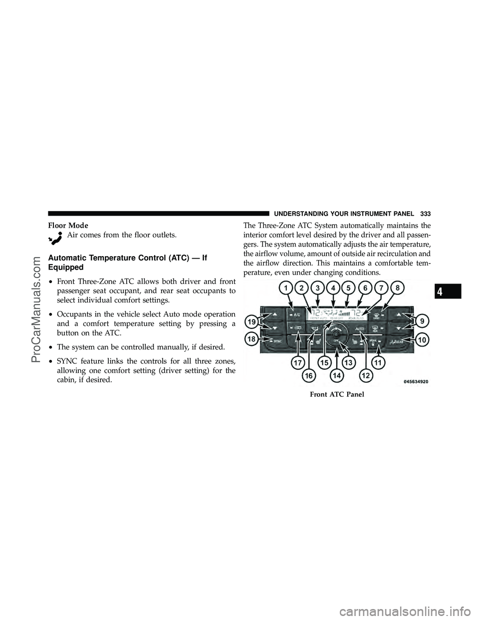 DODGE CARAVAN 2011  Owners Manual Floor ModeAir comes from the floor outlets.
Automatic Temperature Control (ATC) — If
Equipped
•
Front Three-Zone ATC allows both driver and front
passenger seat occupant, and rear seat occupants t