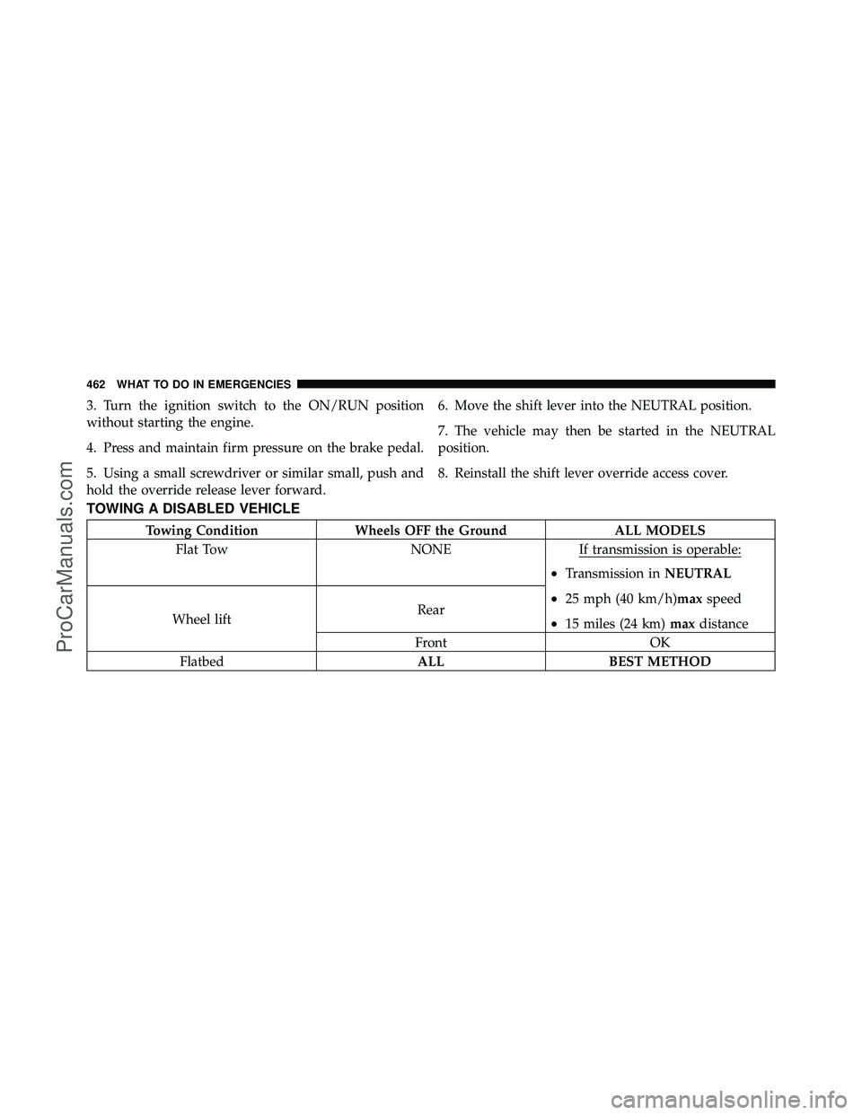 DODGE CARAVAN 2011  Owners Manual 3. Turn the ignition switch to the ON/RUN position
without starting the engine.
4. Press and maintain firm pressure on the brake pedal.
5. Using a small screwdriver or similar small, push and
hold the