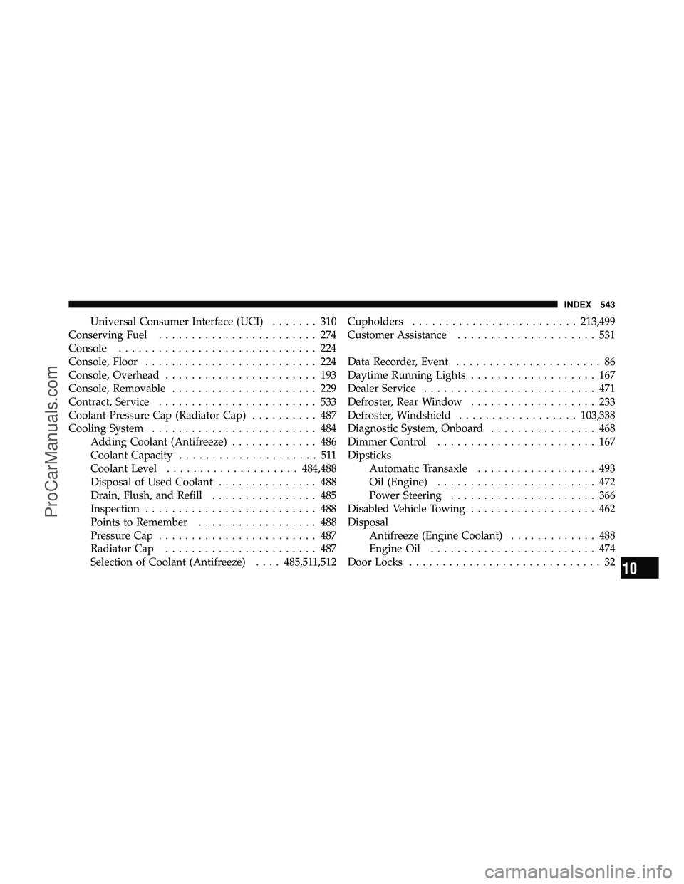 DODGE CARAVAN 2011  Owners Manual Universal Consumer Interface (UCI)....... 310
Conserving Fuel ........................ 274
Console .............................. 224
Console, Floor .......................... 224
Console, Overhead ..