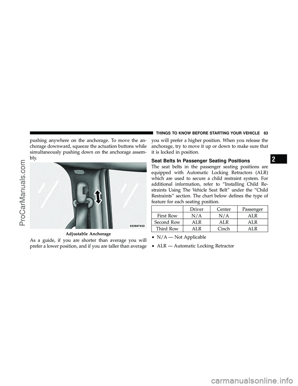 DODGE CARAVAN 2011  Owners Manual pushing anywhere on the anchorage. To move the an-
chorage downward, squeeze the actuation buttons while
simultaneously pushing down on the anchorage assem-
bly.
As a guide, if you are shorter than av