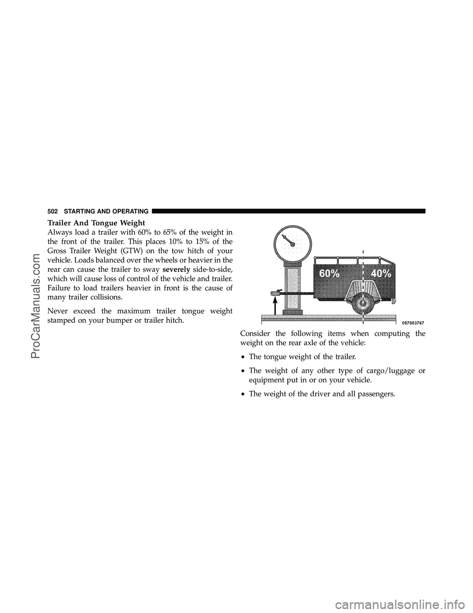 DODGE CARAVAN 2012  Owners Manual Trailer And Tongue Weight
Always load a trailer with 60% to 65% of the weight in
the front of the trailer. This places 10% to 15% of the
Gross Trailer Weight (GTW) on the tow hitch of your
vehicle. Lo