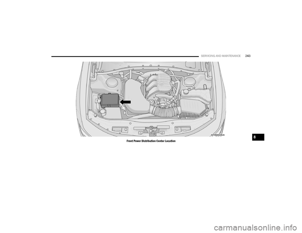 DODGE CHALLENGER 2023  Owners Manual 
SERVICING AND MAINTENANCE243
Front Power Distribution Center Location8

23_LA_OM_EN_USC_t.book  Page 243   