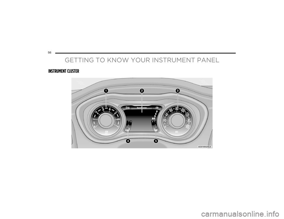 DODGE CHALLENGER 2023  Owners Manual 
56  
GETTING TO KNOW YOUR INSTRUMENT PANEL
INSTRUMENT CLUSTER 

23_LA_OM_EN_USC_t.book  Page 56   