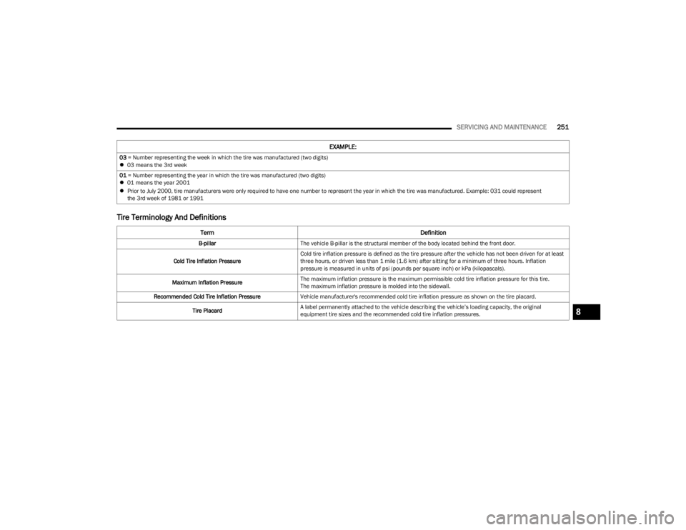 DODGE CHARGER 2023  Owners Manual 
SERVICING AND MAINTENANCE251
Tire Terminology And Definitions
03 = Number representing the week in which the tire was manufactured (two digits) 
 03 means the 3rd week
01  = Number representing th