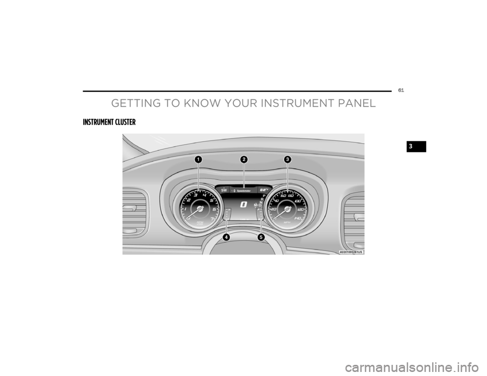 DODGE CHARGER 2023  Owners Manual 
61
GETTING TO KNOW YOUR INSTRUMENT PANEL
INSTRUMENT CLUSTER
3

23_LD_OM_EN_USC_t.book  Page 61   