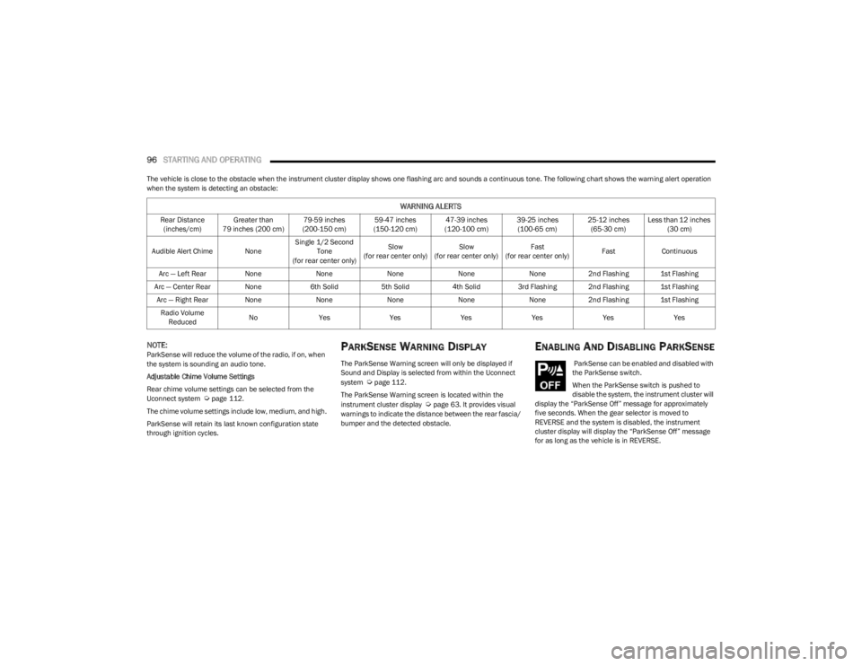 DODGE CHARGER 2023  Owners Manual 
96STARTING AND OPERATING  
The vehicle is close to the obstacle when the instrument cluster display shows one flashing arc and sounds a continuous tone. The following chart shows the warning alert op