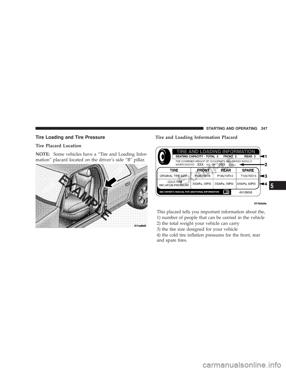 DODGE GRAND CARAVAN 2004  Owners Manual Tire Loading and Tire Pressure
Tire Placard Location
NOTE: Some vehicles have a ªTire and Loading Infor-
mationº placard located on the drivers side ªBº pillar. Tire and Loading Information Placa