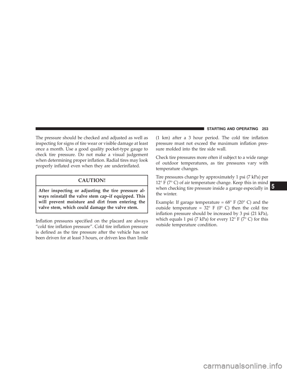 DODGE GRAND CARAVAN 2004  Owners Manual The pressure should be checked and adjusted as well as
inspecting for signs of tire wear or visible damage at least
once a month. Use a good quality pocket-type gauge to
check tire pressure. Do not ma