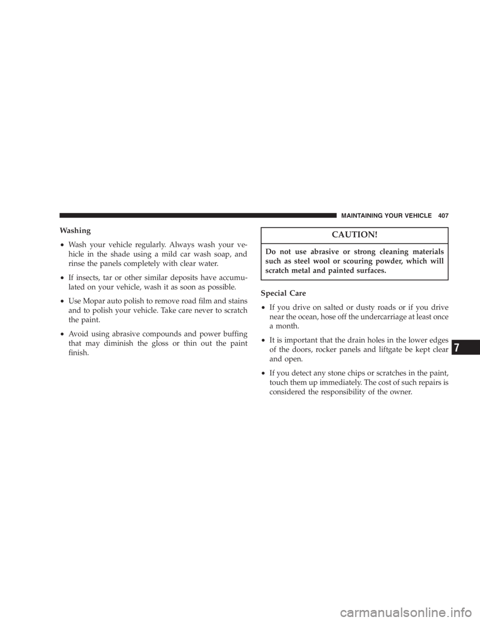 DODGE GRAND CARAVAN 2005  Owners Manual Washing
• Wash your vehicle regularly. Always wash your ve-
hicle in the shade using a mild car wash soap, and
rinse the panels completely with clear water.
• If insects, tar or other similar depo