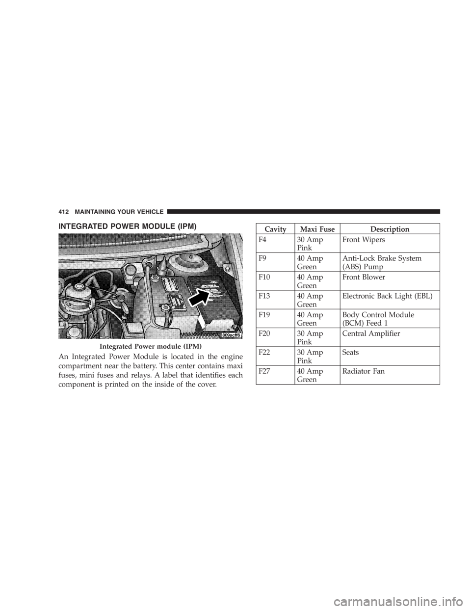 DODGE GRAND CARAVAN 2005  Owners Manual INTEGRATED POWER MODULE (IPM)
An Integrated Power Module is located in the engine
compartment near the battery. This center contains maxi
fuses, mini fuses and relays. A label that identifies each
com