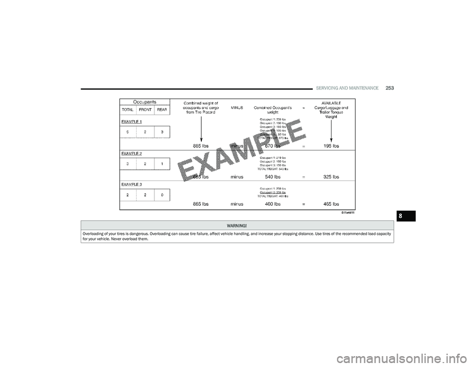 DODGE HORNET 2023  Owners Manual 
SERVICING AND MAINTENANCE253
WARNING!
Overloading of your tires is dangerous. Overloading can cause tire failure, affect vehicle handling, and increase your stopping distance. Use tires of the recomm