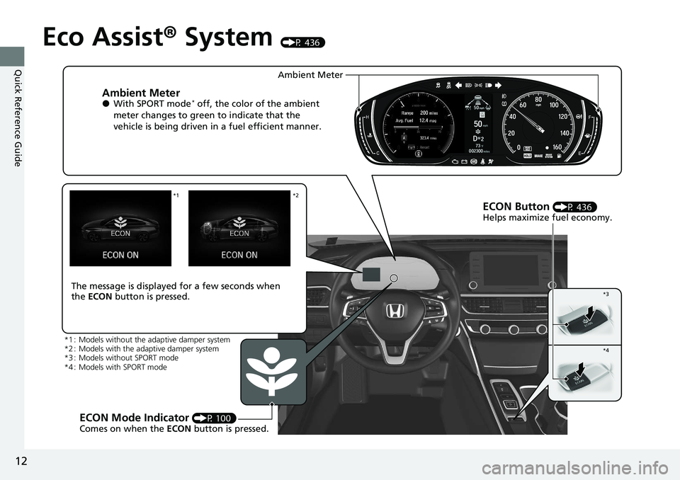 HONDA ACCORD SEDAN 2021  Owners Manual (in English) 12
Quick Reference Guide
Eco Assist® System (P 436)
Ambient Meter●With SPORT mode* off, the color of the ambient 
meter changes to green to indicate that the 
vehicle is being driven in a fuel effi