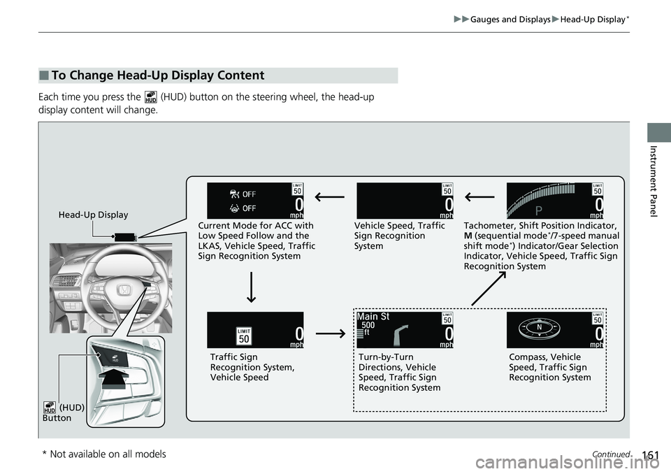 HONDA ACCORD SEDAN 2021  Owners Manual (in English) 161
uuGauges and Displays uHead-Up Display*
Continued
Instrument Panel
Each time you press the   (HUD) bu tton on the steering wheel, the head-up 
display content will change.
■To Change Head-Up Dis