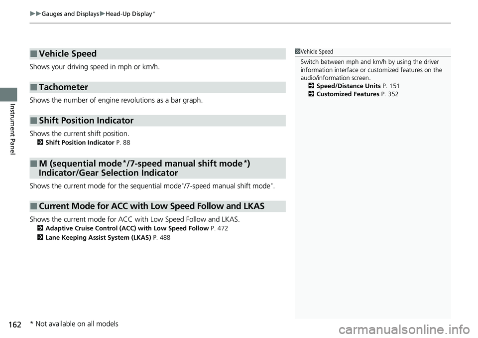 HONDA ACCORD SEDAN 2021  Owners Manual (in English) uuGauges and Displays uHead-Up Display*
162
Instrument Panel
Shows your driving speed in mph or km/h.
Shows the number of engine revolutions as a bar graph.
Shows the current shift position.
2 Shift P