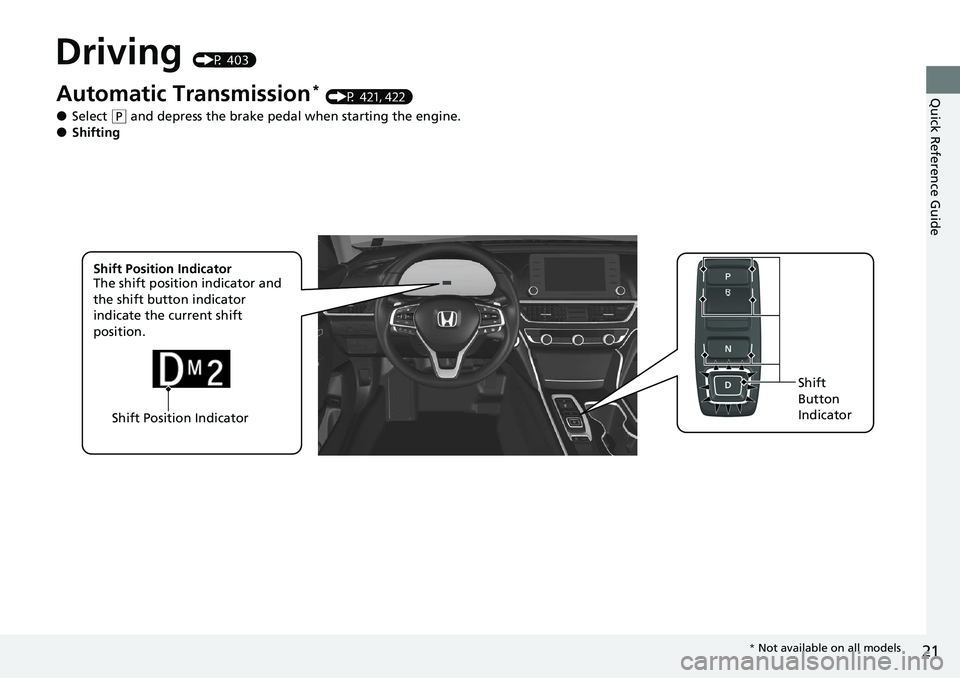 HONDA ACCORD SEDAN 2021  Owners Manual (in English) 21
Quick Reference Guide
Driving (P 403)
Shift Position IndicatorShift 
Button 
Indicator
Automatic Transmission* (P 421, 422)
●Select (
P and depress the brake pedal when starting the engine.●Shi