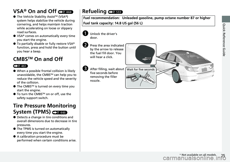 HONDA ACCORD SEDAN 2021  Owners Manual (in English) 25
Quick Reference Guide
VSA® On and Off (P 444)
●The Vehicle Stability AssistTM (VSA ®) 
system helps stabilize the vehicle during 
cornering, and helps maintain traction 
while accelerating on l