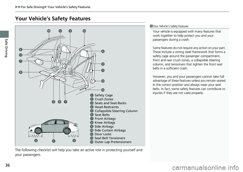 HONDA ACCORD SEDAN 2021  Owners Manual (in English) 36
uuFor Safe Driving uYour Vehicle’s Safety Features
Safe Driving
Your Vehicle’s Safety Features
The following checklist will help you take an active role  in protecting yourself and 
your passen