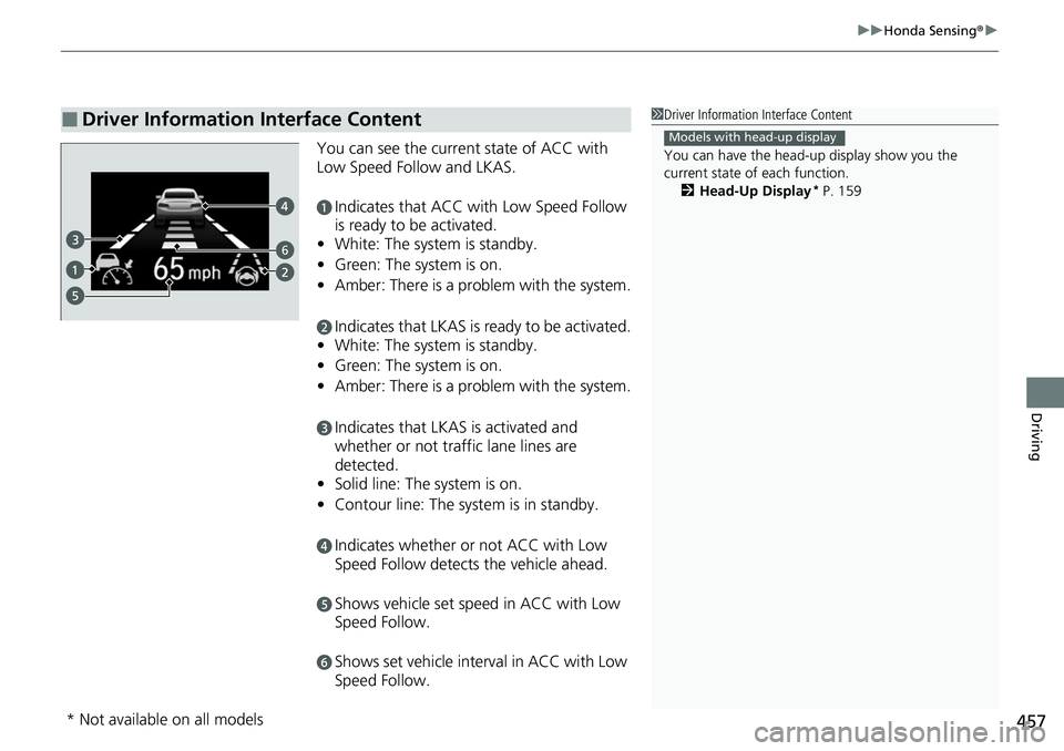 HONDA ACCORD SEDAN 2021  Owners Manual (in English) 457
uuHonda Sensing ®u
Driving
You can see the current state of ACC with 
Low Speed Follow and LKAS.
aIndicates that ACC with Low Speed Follow 
is ready to be activated.
• White: The system is stan