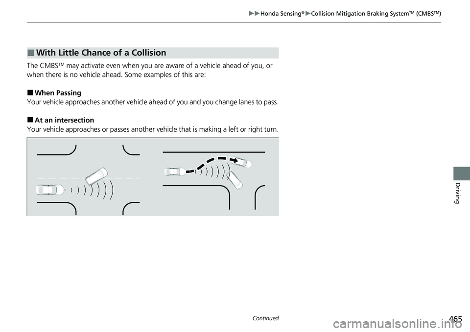 HONDA ACCORD SEDAN 2021  Owners Manual (in English) 465
uuHonda Sensing ®u Collision Mitigation Braking SystemTM (CMBSTM)
Continued
Driving
The CMBSTM may activate even when you are aware of a vehicle ahead of you, or 
when there is no vehicle ahead. 