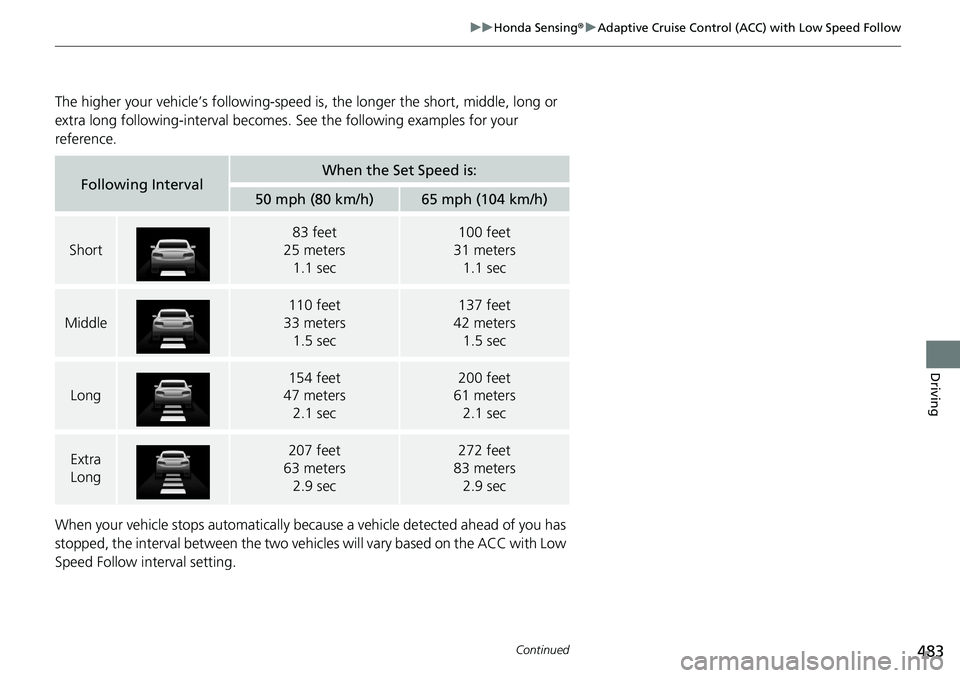 HONDA ACCORD SEDAN 2021  Owners Manual (in English) 483
uuHonda Sensing ®u Adaptive Cruise Control (ACC) with Low Speed Follow
Continued
Driving
The higher your vehicle’s following-speed is , the longer the short, middle, long or 
extra long followi