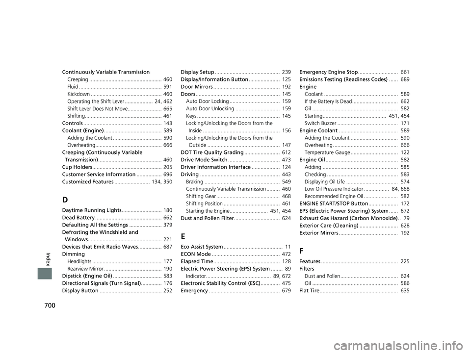 HONDA CIVIC HATCHBACK 2021  Owners Manual (in English) 700
Index
Continuously Variable TransmissionCreeping ................................................. 460
Fluid ........................................................ 591
Kickdown .................
