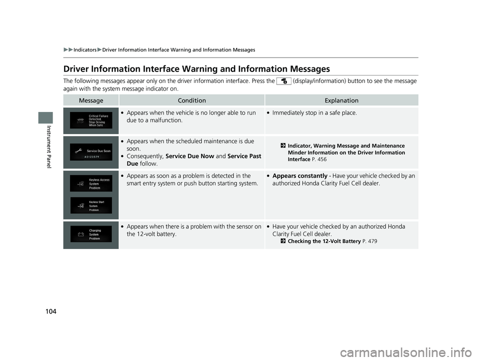 HONDA CLARITY FUEL CELL 2021  Owners Manual (in English) 104
uuIndicators uDriver Information Interface Wa rning and Information Messages
Instrument Panel
Driver Information Interface Warning and Information Messages
The following messages appear only  on t