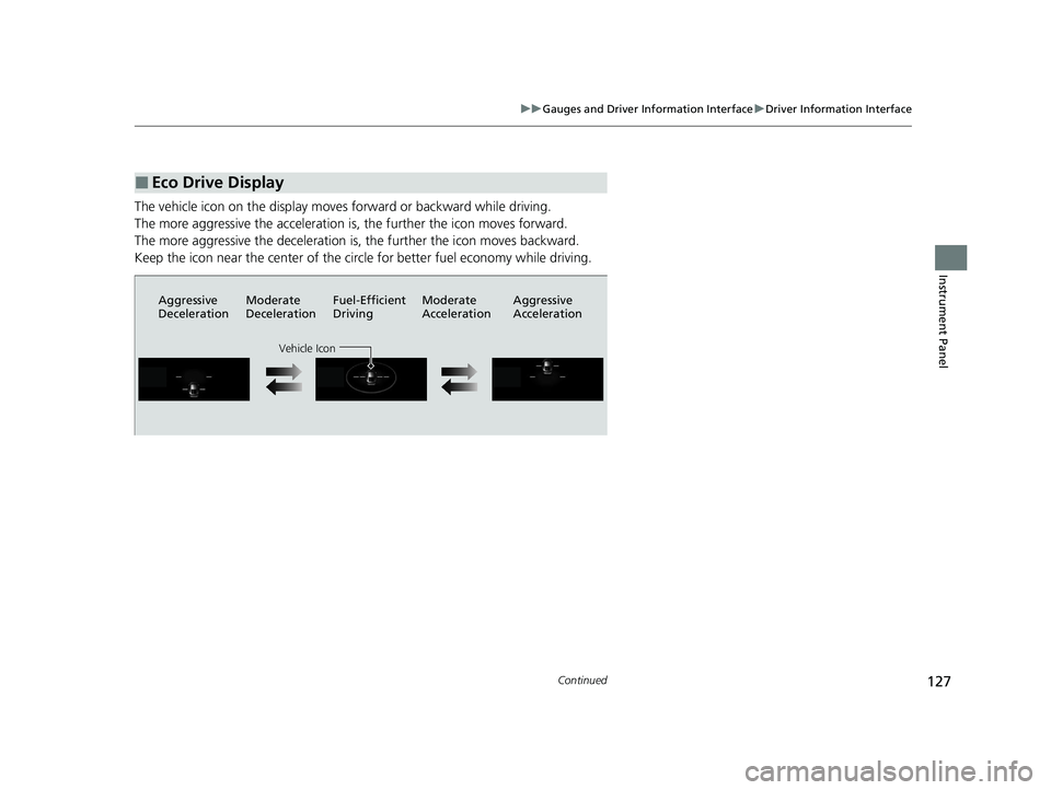 HONDA CLARITY FUEL CELL 2021  Owners Manual (in English) 127
uuGauges and Driver Information Interface uDriver Information Interface
Continued
Instrument Panel
The vehicle icon on the display moves forward or backward while driving.
The more aggressive the 