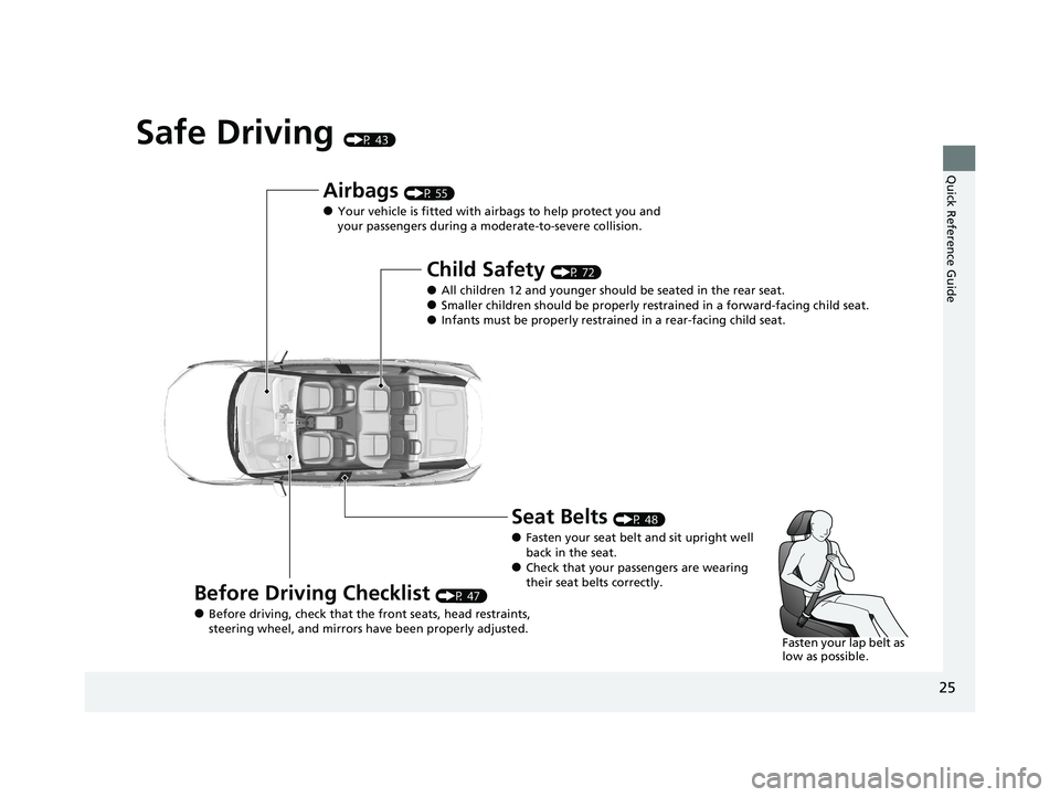 HONDA CLARITY FUEL CELL 2021  Owners Manual (in English) 25
Quick Reference Guide
Safe Driving (P 43)
Airbags (P 55)
●Your vehicle is fitted with airbags to help protect you and 
your passengers during a moderate-to-severe collision.
Child Safety (P 72)
