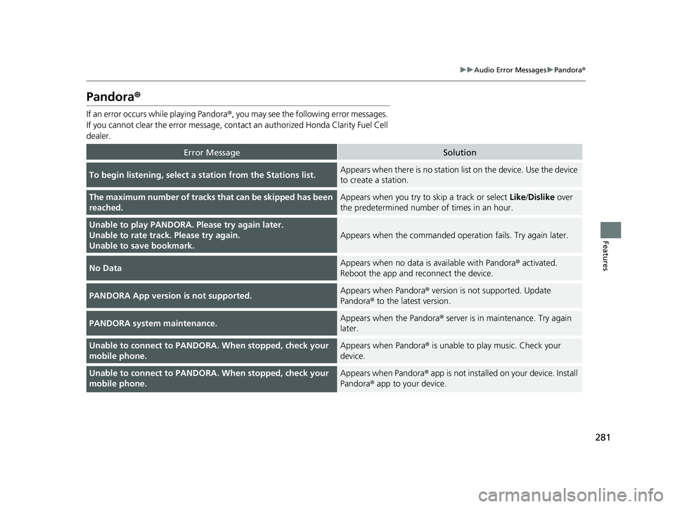 HONDA CLARITY FUEL CELL 2021  Owners Manual (in English) 281
uuAudio Error Messages uPandora ®
Features
Pandora ®
If an error occurs while playing Pandora ®, you may see the following error messages. 
If you cannot clear the error message, contac t an au