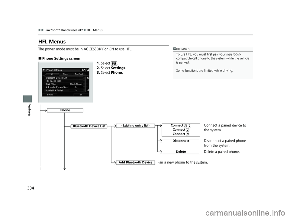 HONDA CLARITY FUEL CELL 2021  Owners Manual (in English) 334
uuBluetooth ® HandsFreeLink ®u HFL Menus
Features
HFL Menus
The power mode must be in ACCESSORY or ON to use HFL.
■Phone Settings screen
1.Select .
2. Select  Settings .
3. Select  Phone .
1HF