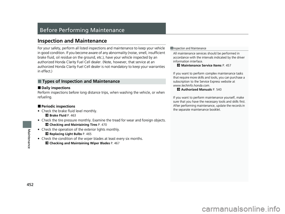 HONDA CLARITY FUEL CELL 2021  Owners Manual (in English) 452
Maintenance
Before Performing Maintenance
Inspection and Maintenance
For your safety, perform all listed inspections and maintenance to keep your vehicle 
in good condition. If you become aware of