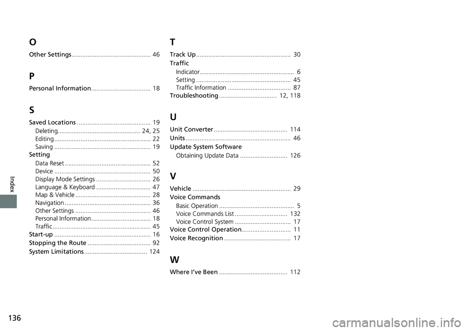 HONDA CLARITY FUEL CELL 2021  Navigation Manual (in English) 136
Index
O
Other Settings.............................................  46
P
Personal Information ..................................  18
S
Saved Locations..........................................  1