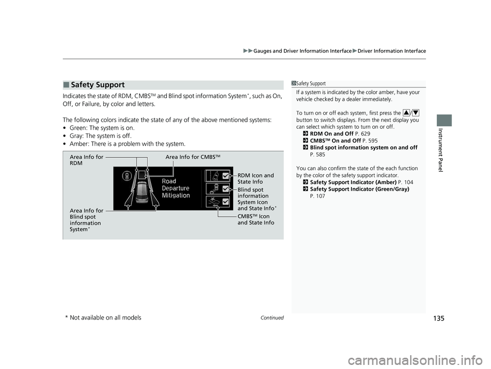HONDA ODYSSEY 2021  Owners Manual (in English) Continued135
uuGauges and Driver Information Interface uDriver Information Interface
Instrument Panel
Indicates the state of RDM, CMBSTM and Blind spot information System*, such as On, 
Off, or Failur