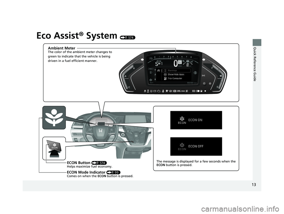HONDA ODYSSEY 2021  Owners Manual (in English) 13
Quick Reference Guide
Eco Assist® System (P 574)
Ambient MeterThe color of the ambient meter changes to 
green to indicate that the vehicle is being 
driven in a fuel efficient manner.
ECON Button