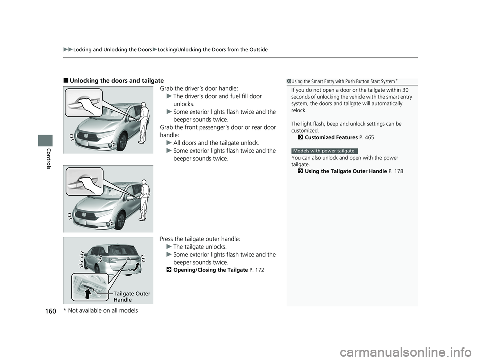 HONDA ODYSSEY 2021  Owners Manual (in English) uuLocking and Unlocking the Doors uLocking/Unlocking the Doors from the Outside
160
Controls
■Unlocking the doors and tailgate
Grab the driver’s door handle:u The driver’s door and fuel fill doo