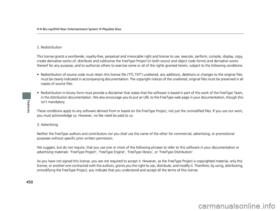 HONDA ODYSSEY 2021  Owners Manual (in English) 450
uuBlu-ray/DVD Rear Entertainment System*uPlayable Discs
Features
2. Redistribution
This license grants a worldwide,  royalty-free, perpetual and irrevocable right a nd license to use, execute, per