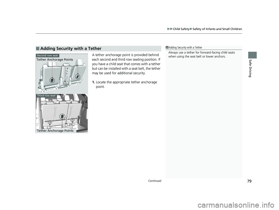 HONDA ODYSSEY 2021  Owners Manual (in English) Continued79
uuChild Safety uSafety of Infants and Small Children
Safe DrivingA tether anchorage point is provided behind 
each second and third row seating position. If 
you have a child seat that com