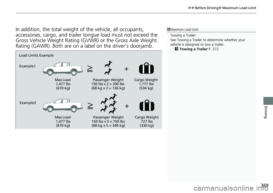 HONDA RIDGELINE 2021  Owners Manual (in English) 369
uuBefore Driving uMaximum Load Limit
Driving
In addition, the total weight of the vehicle, all occupants, 
accessories, cargo, and trailer tongue load must not exceed the 
Gross Vehicle Weight Rat