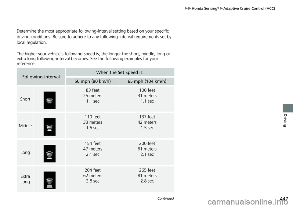 HONDA RIDGELINE 2021  Owners Manual (in English) 447
uuHonda Sensing ®u Adaptive Cruise Control (ACC)
Continued
Driving
Determine the most appropriate following- interval setting based on your specific 
driving conditions. Be sure to adhere to any 
