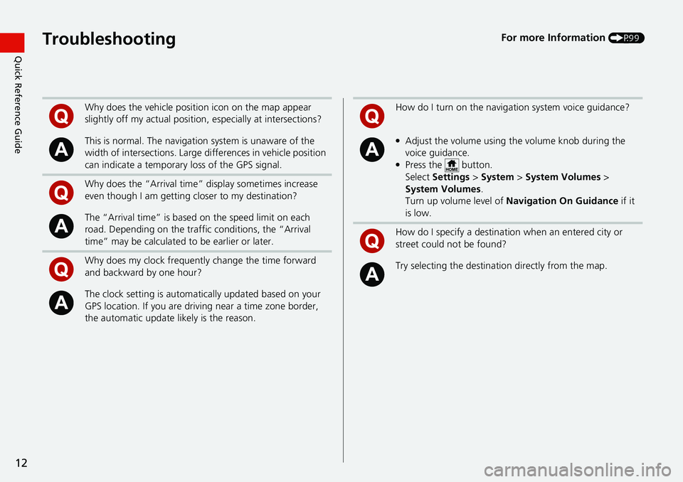 HONDA ACCORD SEDAN 2020 Navigation Manual (in English) 12
Quick Reference GuideTroubleshootingFor more Information (P99)
Why does the vehicle position icon on the map appear
slightly off my actu al position, especially at intersections?
This is normal. T HONDA ACCORD SEDAN 2020 Navigation Manual (in English) 12
Quick Reference GuideTroubleshootingFor more Information (P99)
Why does the vehicle position icon on the map appear
slightly off my actu al position, especially at intersections?
This is normal. T