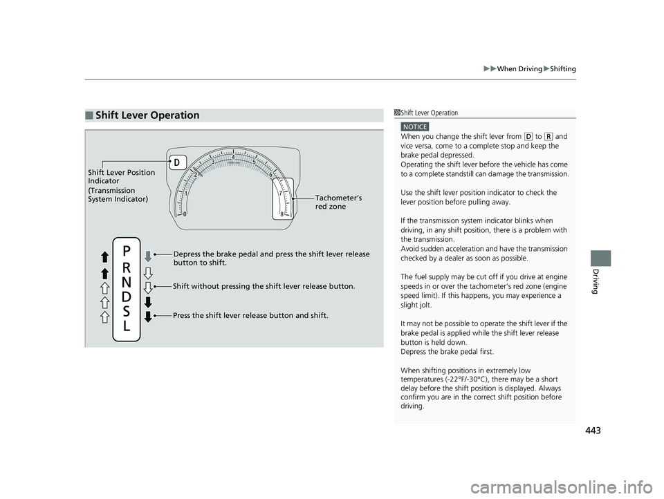 HONDA CIVIC COUPE 2020 Owners Manual (in English) 443
uuWhen Driving uShifting
Driving
■Shift Lever Operation1Shift Lever Operation
NOTICE
When you change the shift lever from (D to ( R and
vice versa, come to a complete stop and keep the
brake p HONDA CIVIC COUPE 2020 Owners Manual (in English) 443
uuWhen Driving uShifting
Driving
■Shift Lever Operation1Shift Lever Operation
NOTICE
When you change the shift lever from (D to ( R and
vice versa, come to a complete stop and keep the
brake p