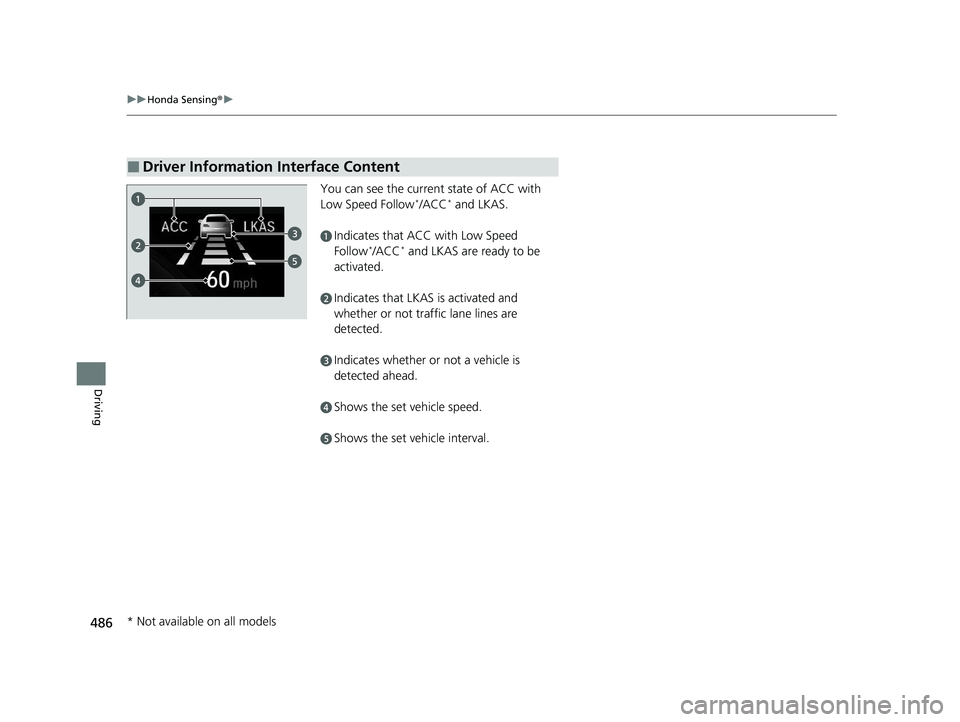 HONDA CIVIC HATCHBACK 2020  Owners Manual (in English) 486
uuHonda Sensing ®u
Driving
You can see the current state of ACC with 
Low Speed Follow*/ACC* and LKAS.
■Driver Information Interface Content
aIndicates that ACC with Low Speed 
Follow*/ACC* and