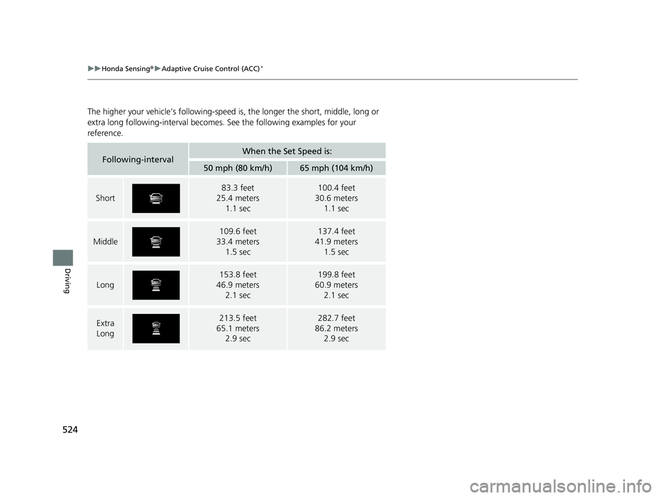 HONDA CIVIC HATCHBACK 2020  Owners Manual (in English) 524
uuHonda Sensing ®u Adaptive Cruise Control (ACC)*
Driving
The higher your vehicle’s following-speed  is, the longer the short, middle, long or 
extra long following-interval becomes. See the fo