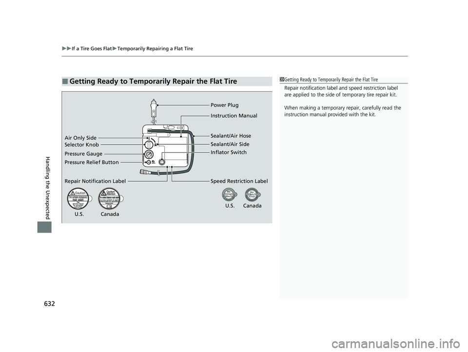 HONDA CIVIC HATCHBACK 2020  Owners Manual (in English) uuIf a Tire Goes Flat uTemporarily Repairing a Flat Tire
632
Handling the Unexpected
■Getting Ready to Temporarily Repair the Flat Tire1Getting Ready to Temporarily Repair the Flat Tire
Repair notif