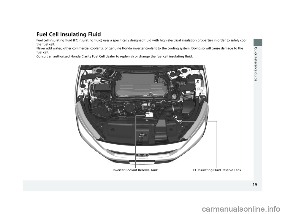 HONDA CLARITY FUEL CELL 2020  Owners Manual (in English) 19
Quick Reference Guide
Fuel Cell Insulating Fluid
Fuel cell insulating fluid (FC insulating fluid) uses a specifically designed fluid with high electrical insulation properties in order to safely co