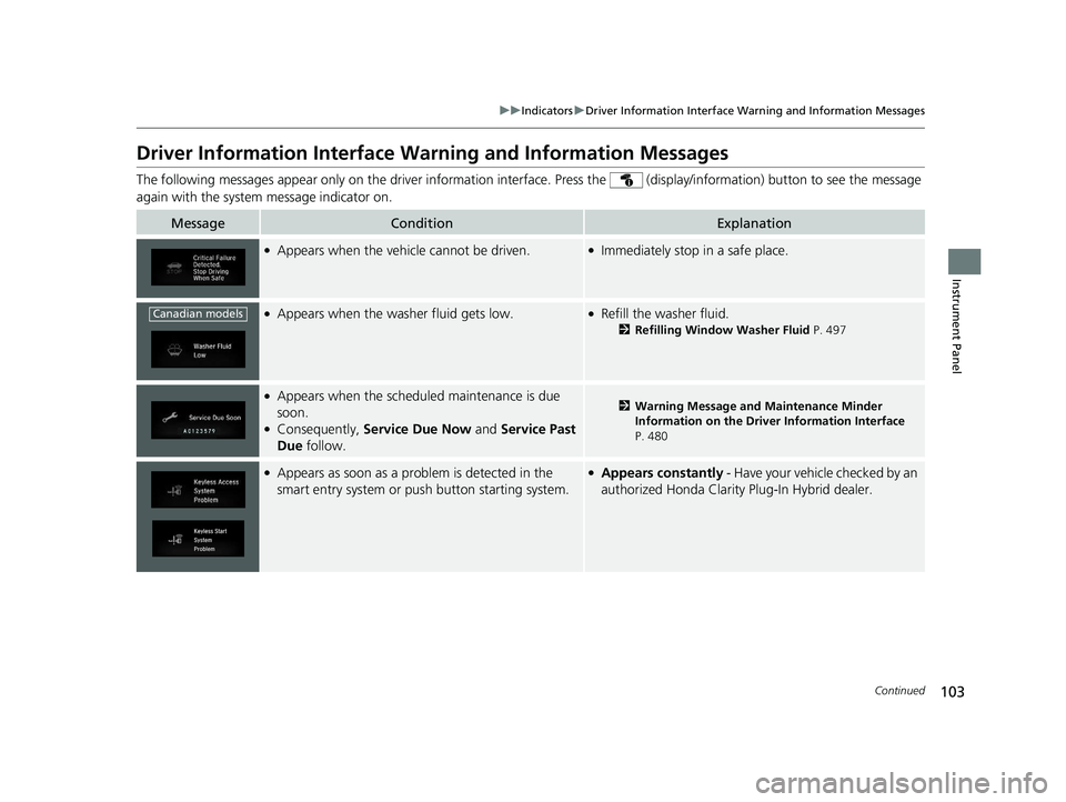 HONDA CLARITY PLUG-IN 2020  Owners Manual (in English) 103
uuIndicators uDriver Information Interface Wa rning and Information Messages
Continued
Instrument Panel
Driver Information Interface Warning and Information Messages
The following messages appear 