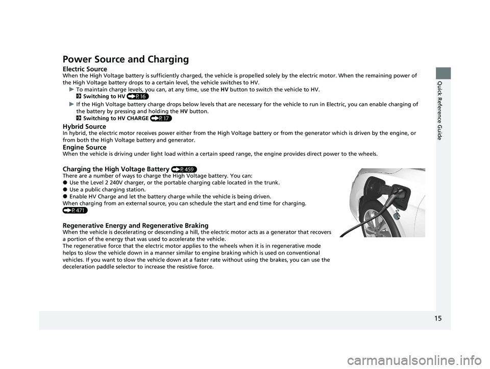 HONDA CLARITY PLUG-IN 2020 Owners Manual (in English) 15
Quick Reference Guide
Power Source and Charging
Electric SourceWhen the High Voltage battery is sufficiently charged, the vehicle is propelled solely by the electric motor. When the remaining power HONDA CLARITY PLUG-IN 2020 Owners Manual (in English) 15
Quick Reference Guide
Power Source and Charging
Electric SourceWhen the High Voltage battery is sufficiently charged, the vehicle is propelled solely by the electric motor. When the remaining power