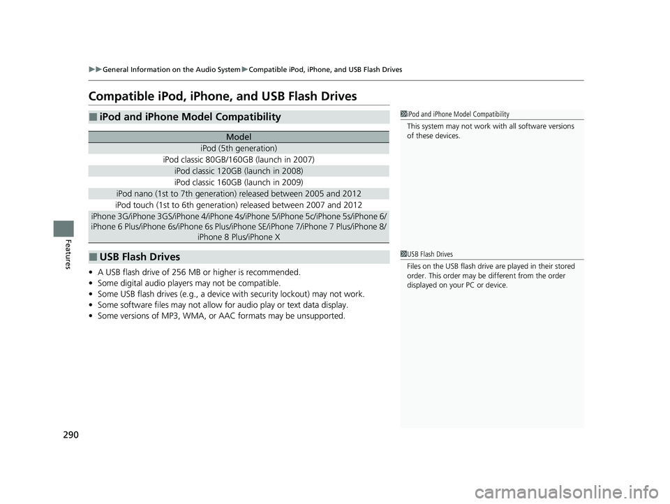 HONDA CLARITY PLUG-IN 2020  Owners Manual (in English) 290
uuGeneral Information on the Audio System uCompatible iPod, iPhone, and USB Flash Drives
Features
Compatible iPod, iPhone, and USB Flash Drives
• A USB flash drive of 256 MB or higher is recomme