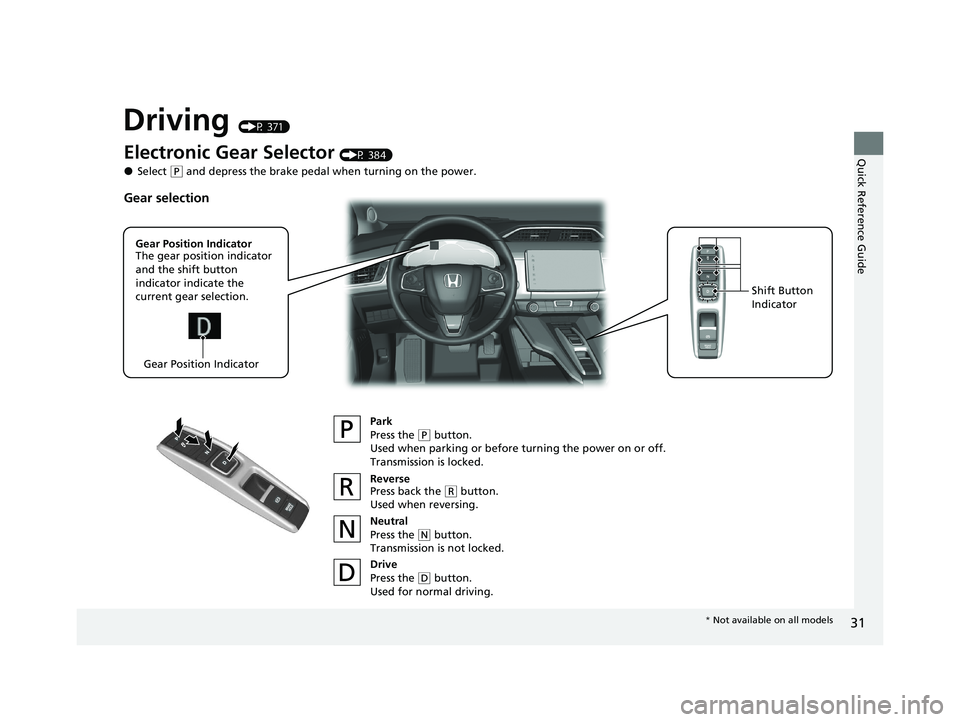 HONDA CLARITY PLUG-IN 2020  Owners Manual (in English) 31
Quick Reference Guide
Driving (P 371)
Electronic Gear Selector (P 384)
●Select (P and depress the brake pedal when turning on the power.
Park
Press the 
(P button.
Used when parking or before tur